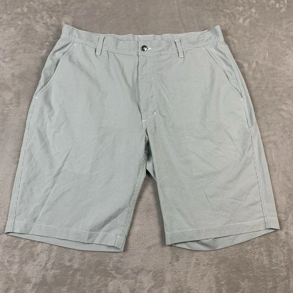 Footjoy Shorts Mens 34* Green Micro Check Golf Chino Casual Polyester Flat Front